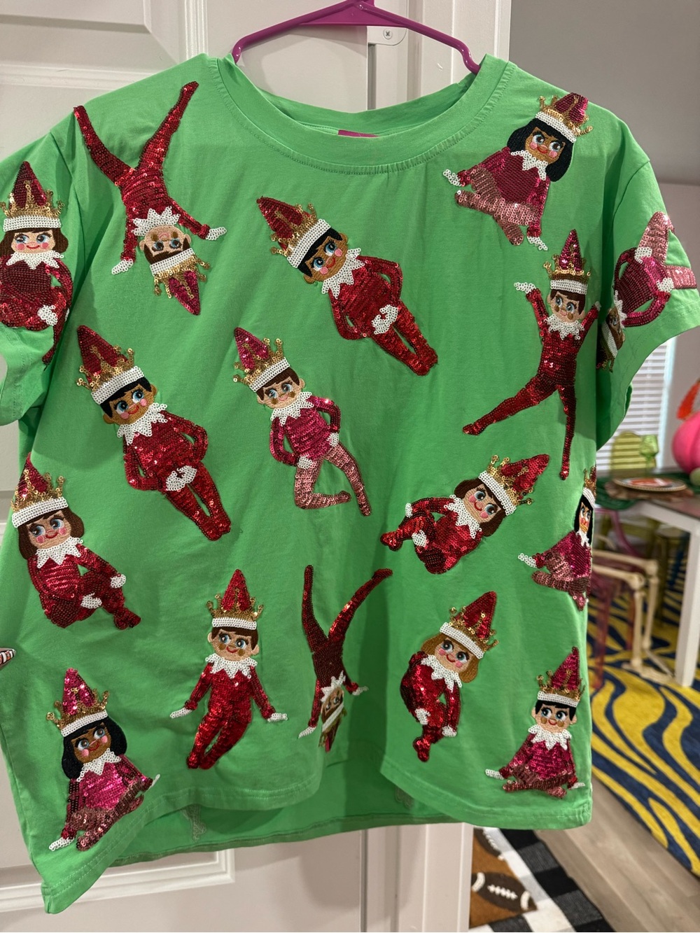 QUEEN OF SPARKLES Green Tee with Red and Gold Sequin Elf Appliqués